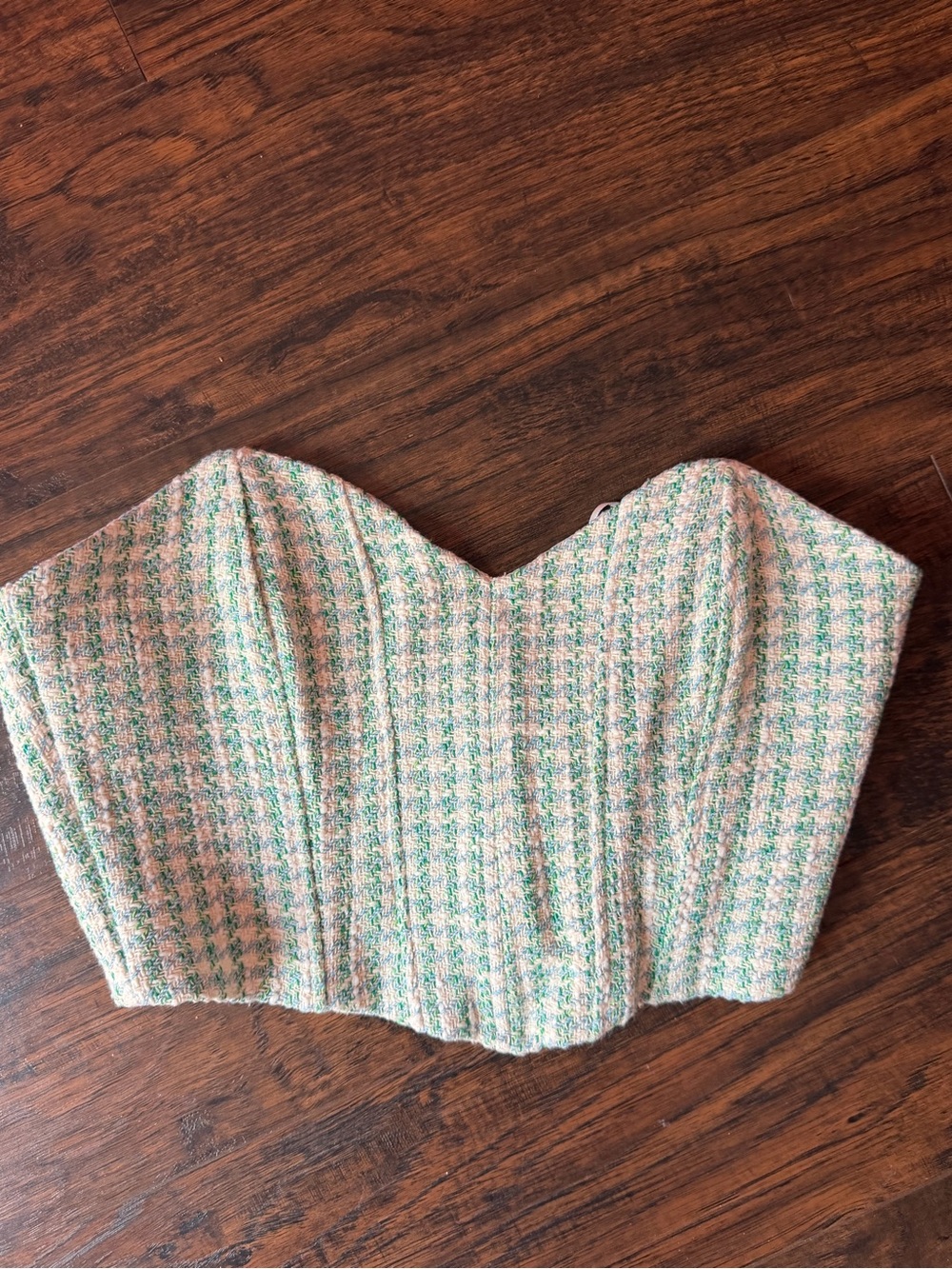 NWT Strapless Tweed Corset Top in Pastel Green & Blue